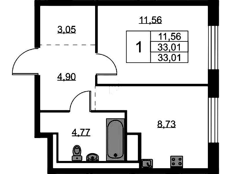 1-комнатная квартира 33.01 м², 4/9 эт., ЖК «Квартал Лаголово»